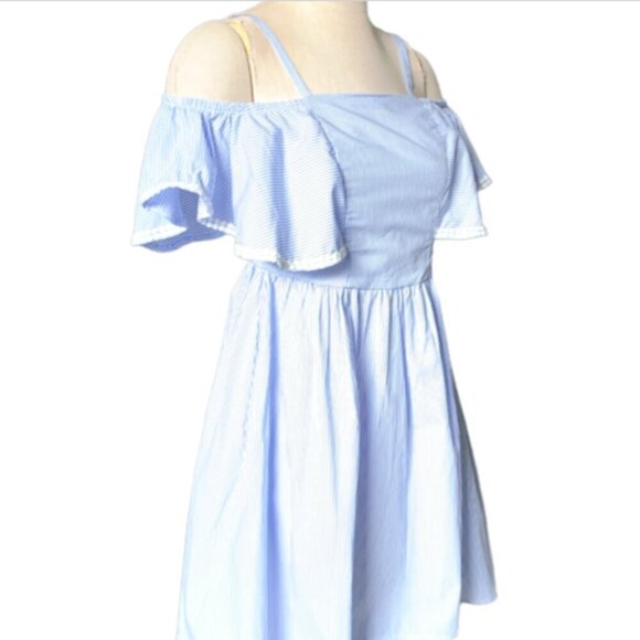 NWT - BCBGirls Pinstripe Blue White Cold Shoulder Dress Sz 16 #92F - Picture 5 of 10